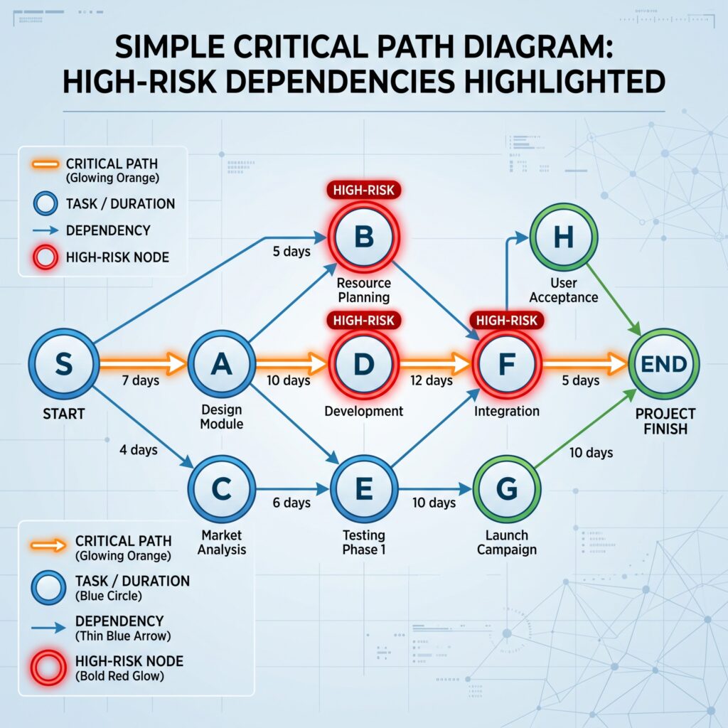 Critical path diagram highlighting high-risk project dependencies using the 80/20 rule