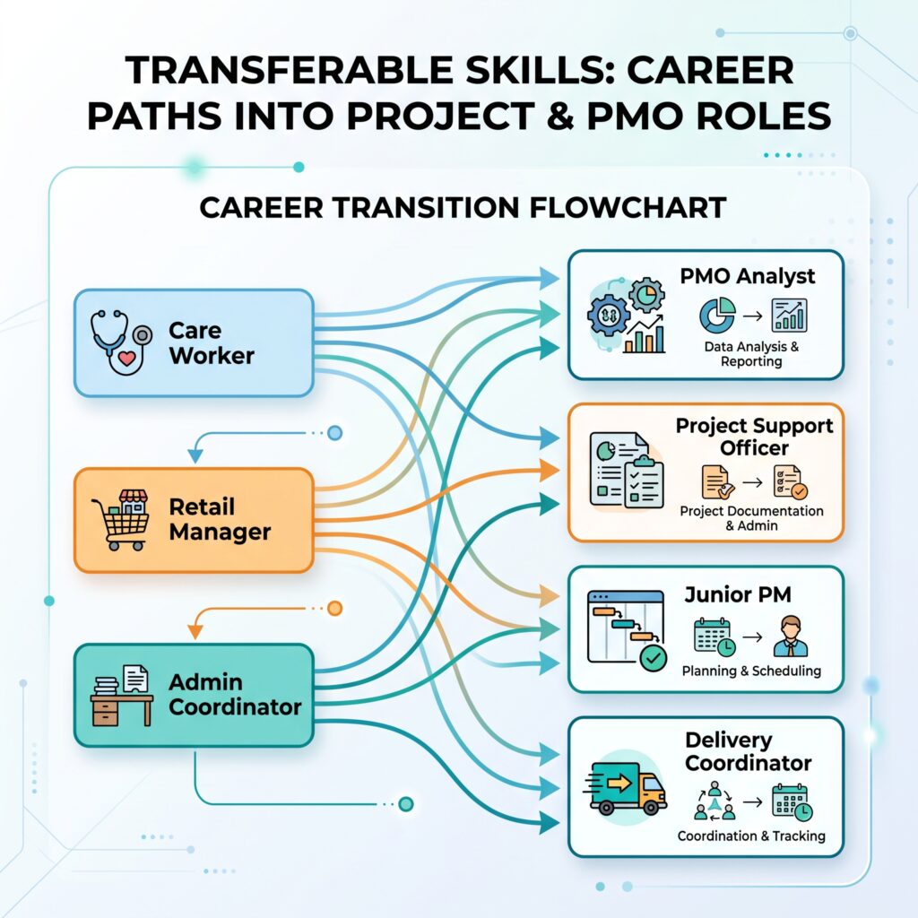 Career pathway diagram showing transferable roles into project management from care, retail, and admin backgrounds.