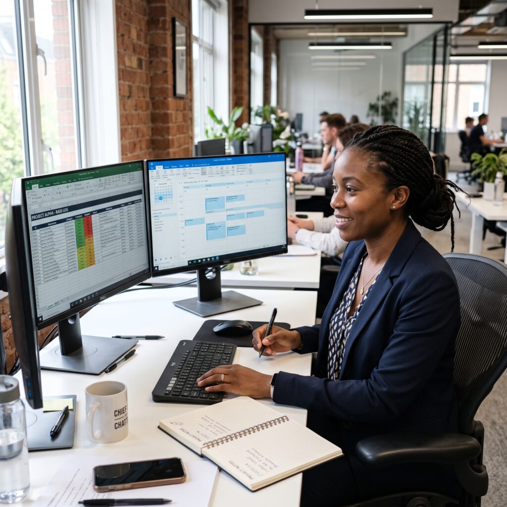 "Project Coordinator reviewing a RAID log and project schedule during a typical working day"