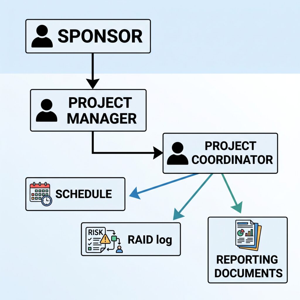 Organisational diagram showing the reporting relationship between Project Sponsor, Project Manager, and Project Coordinator