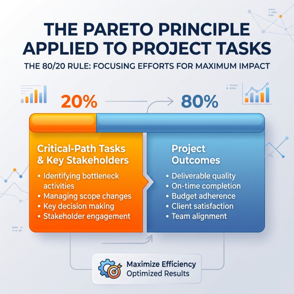 "80/20 rule diagram for project managers showing how 20% of critical tasks drive 80% of project success."